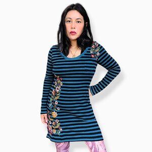Johnny Was black blue striped floral embroidered long sleeve mini dress W's S